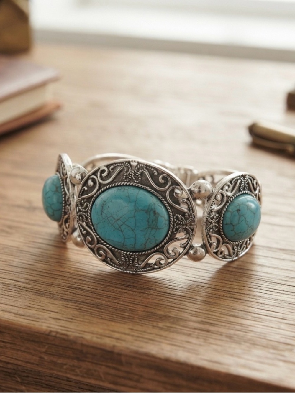 Faux Turquoise Stone Silver-Accent Stretch Bracelet -